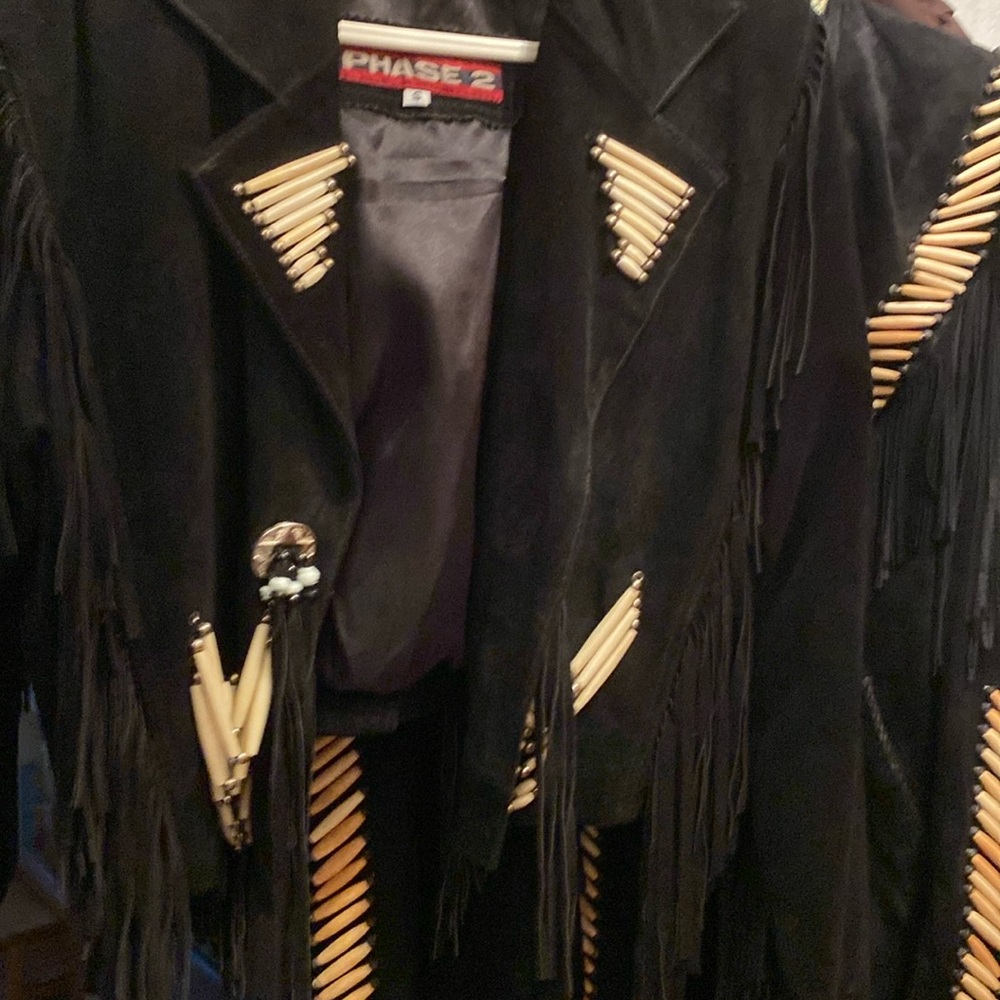 American Indian jacket, long fringe and authentic buffalo bone/bead embellished.
